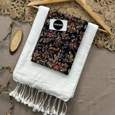 White Handloom Khadi Cotton Saree With Black Print Blouse